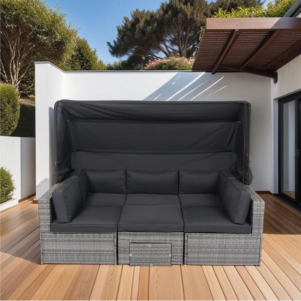 Tenleaf 7-Piece Gray Wicker Patio Conversation Set with Black Removable Cushions, Retractable Canopy