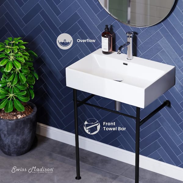 Claire, 24 in. Ceramic Console Sink, White Basin Black Legs, with Overflow Drain
