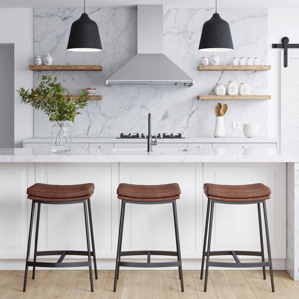 Arlo 27" Brown Leather Saddle Seat Bar Stools with Black Metal Base