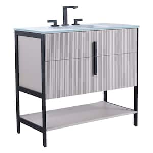 36 in. W x 18 in. D x 33.5 in. H Bath Vanity in Bright Taupe with Glass Vanity Top in White with Black Hardware