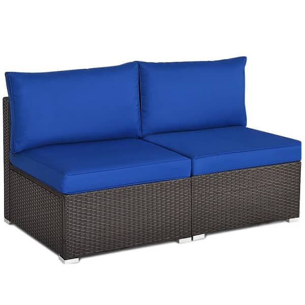 Kadehome (2-Piece) Wicker Outdoor Patio Rattan Armless Sectional Sofa Set with Navy Cushions, Aluminium Feet for Patio and Garden