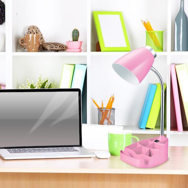 18.5 in. Gooseneck Organizer Desk Lamp with iPad Tablet Stand Book Holder, Pink