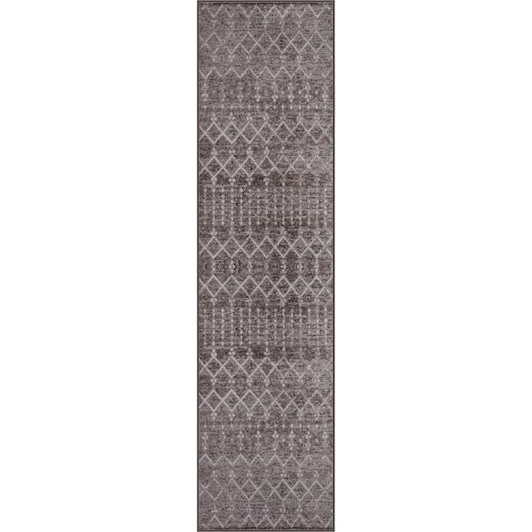 Leila Moroccan Diamond Trellis Machine-Washable Taupe/Ivory 2 ft. x 8 ft. Runner Rug
