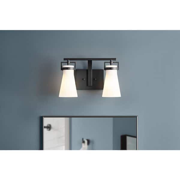 Clermont 14.75 in. 2-Light Matte Black Bathroom Vanity Light with Milk Glass Shades