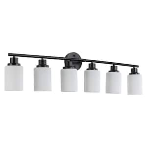 38.60 in. Modern 6-Light Frosted White Glass with Black Iron Frame Vanity Light (Bulb Not Included)