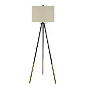 62 in. Black Tripod Floor Lamp with Gold Cap Legs and Decorator Shade
