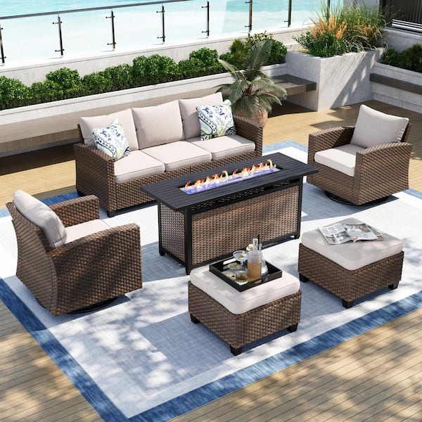 PHI VILLA Brown Rattan 7-Seat 6-Piece Steel Outdoor Fire Pit Patio Set with Beige Cushions,Swivel Chair,Rectangular Fire Pit Table