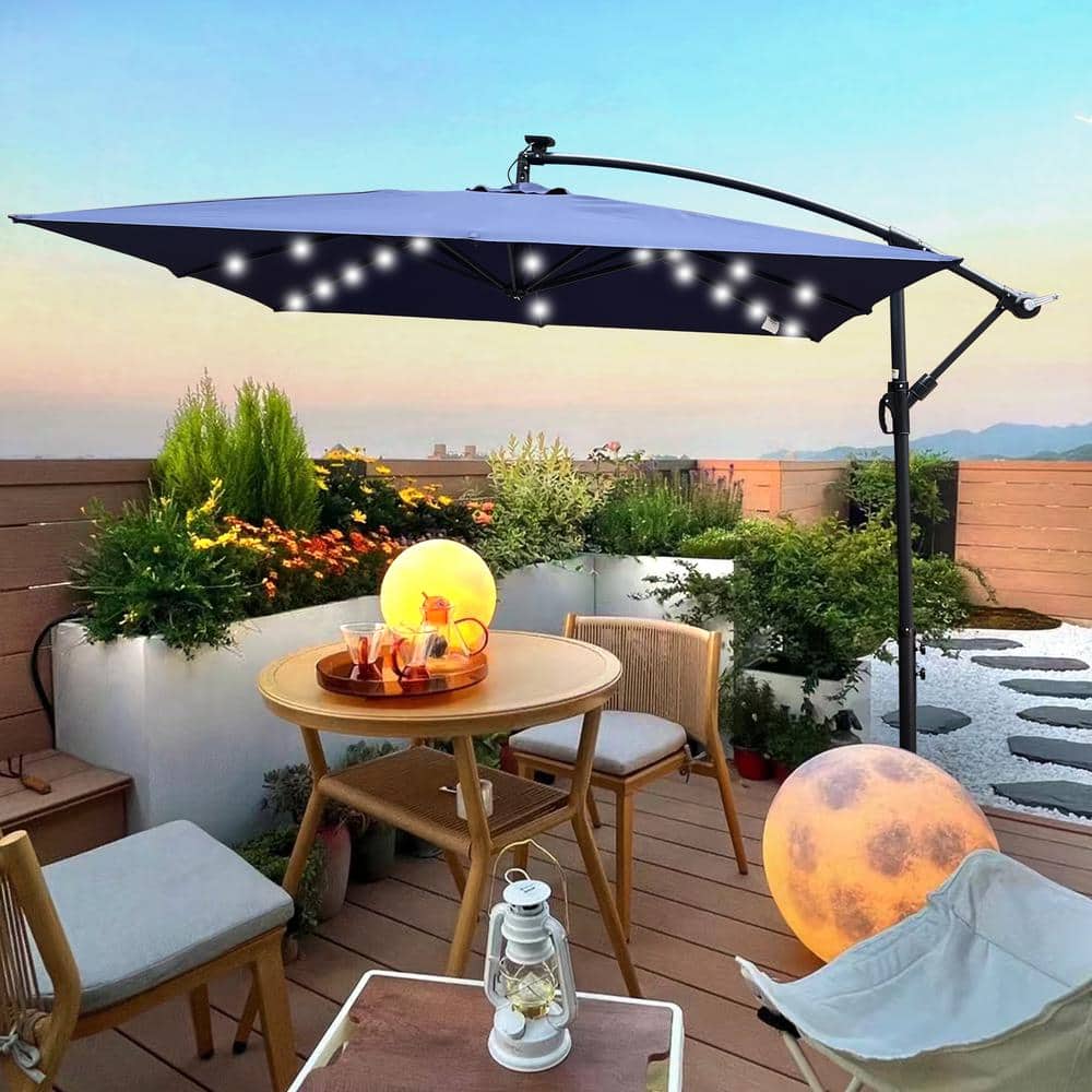 8.2 ft. Square Steel Market Solar LED Lighted Tilt Patio Umbrella in Navy B