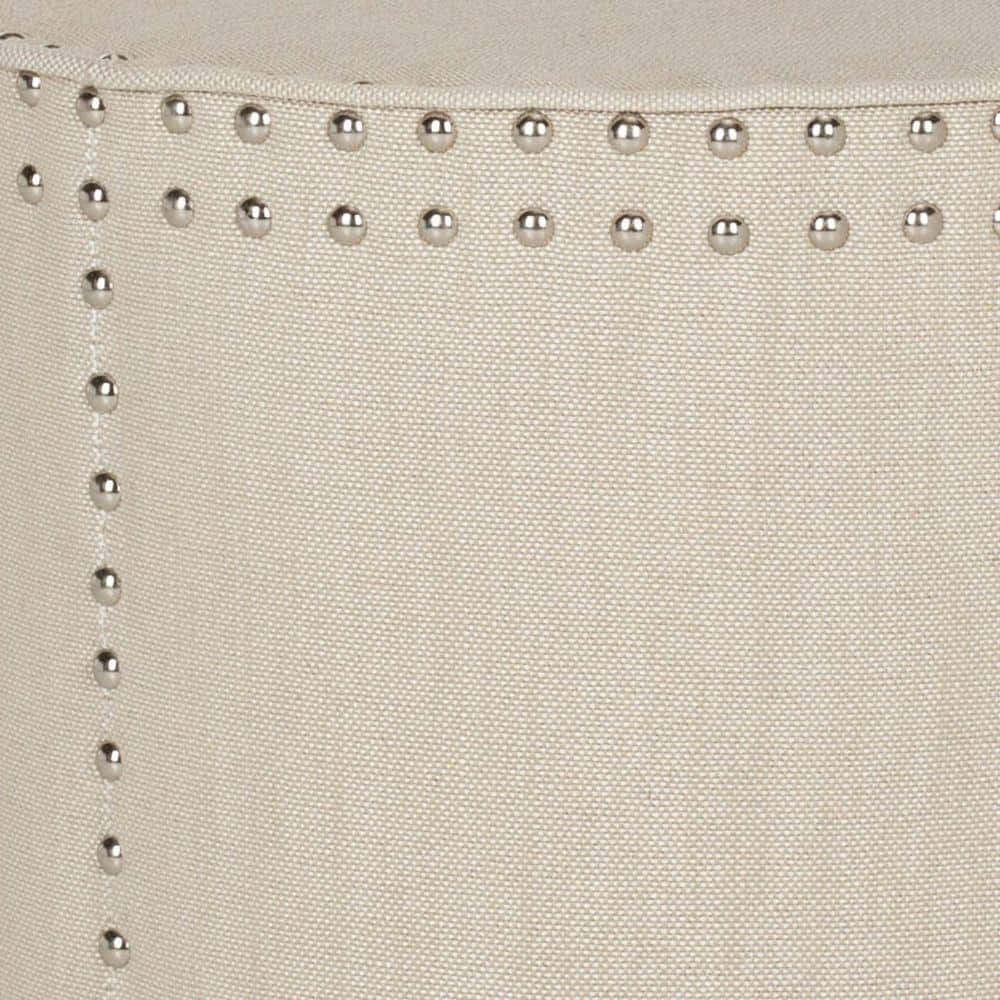 Beige Round Linen Ottoman with Nail Head Trim