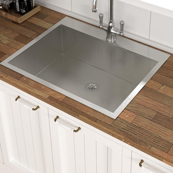33 in. Drop-In Single Bowl 16 Gauge Brushed Nickel Stainless Steel Kitchen Sink with Bottom Grids
