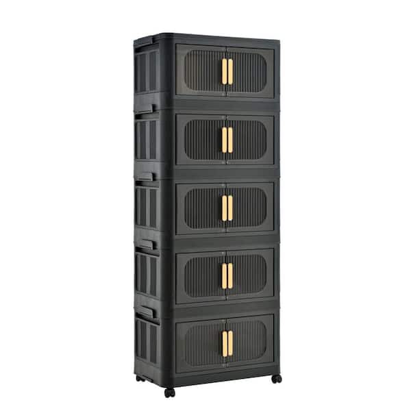 5 Tiers Kitchen Pantry, Folding Storage Cabinet, Collapsible Storage Bins with Magnetic Door and Wheels in Black