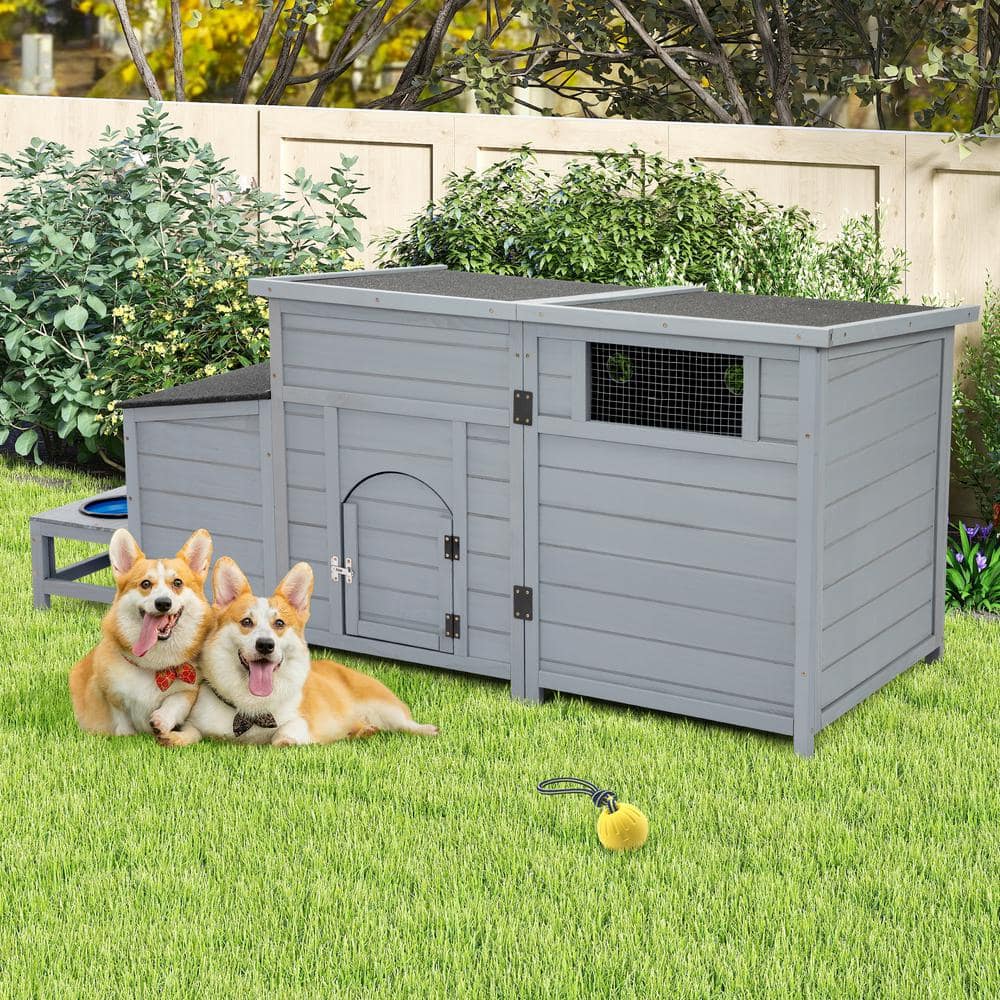 Large Gray Pinewood Outdoor Dog House with Feeding Bowls