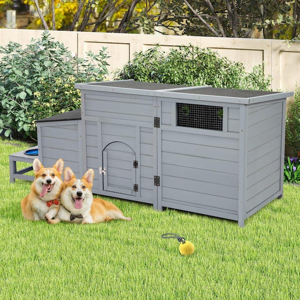 2-in-1 Outdoor Wood Dog House with Feeding Bowls, Large Dog Kennel, Gray