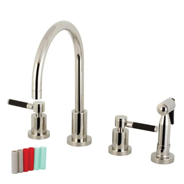 Kingston Brass Kaiser 2-Handle Deck Mount Widespread Kitchen Faucets with Brass Sprayer in Polished Nickel