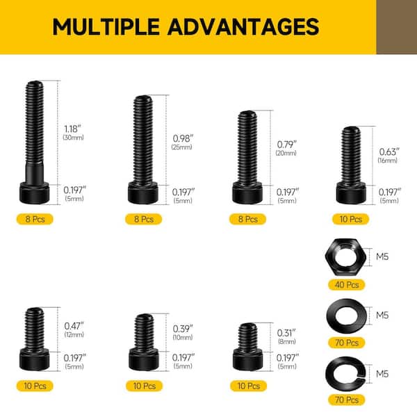 244-Piece M5 Hex Socket Head Cap Screws, Nuts and Washers Assortment Kit, Metric Hex Drive Bolt Set