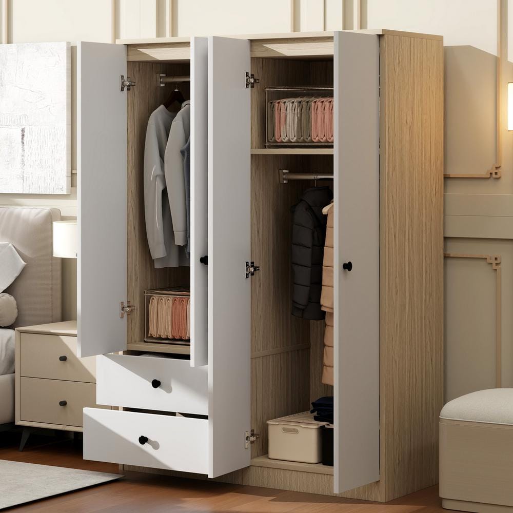 White and Natural Wood 47.2 in. 4-Door Wardrobe with 2-Drawers, Storage Shelf, 2-Hanging Rail