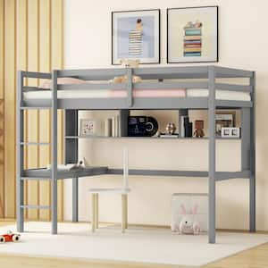 Gray Wood Frame Twin Loft Bed with Built-in Desk and Bookcase, Guardrails and Ladder