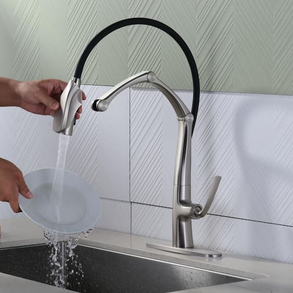 Magnetic 21in. H Single Handle Pull Out Sprayer Kitchen Faucet With Adjustable Arm, 360° Spout Swivel in Brushed Nickel