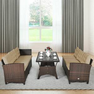 26 in. Brown 3-Piece Wicker Rectangle Outdoor Dining Set with Brown Foam Cushions