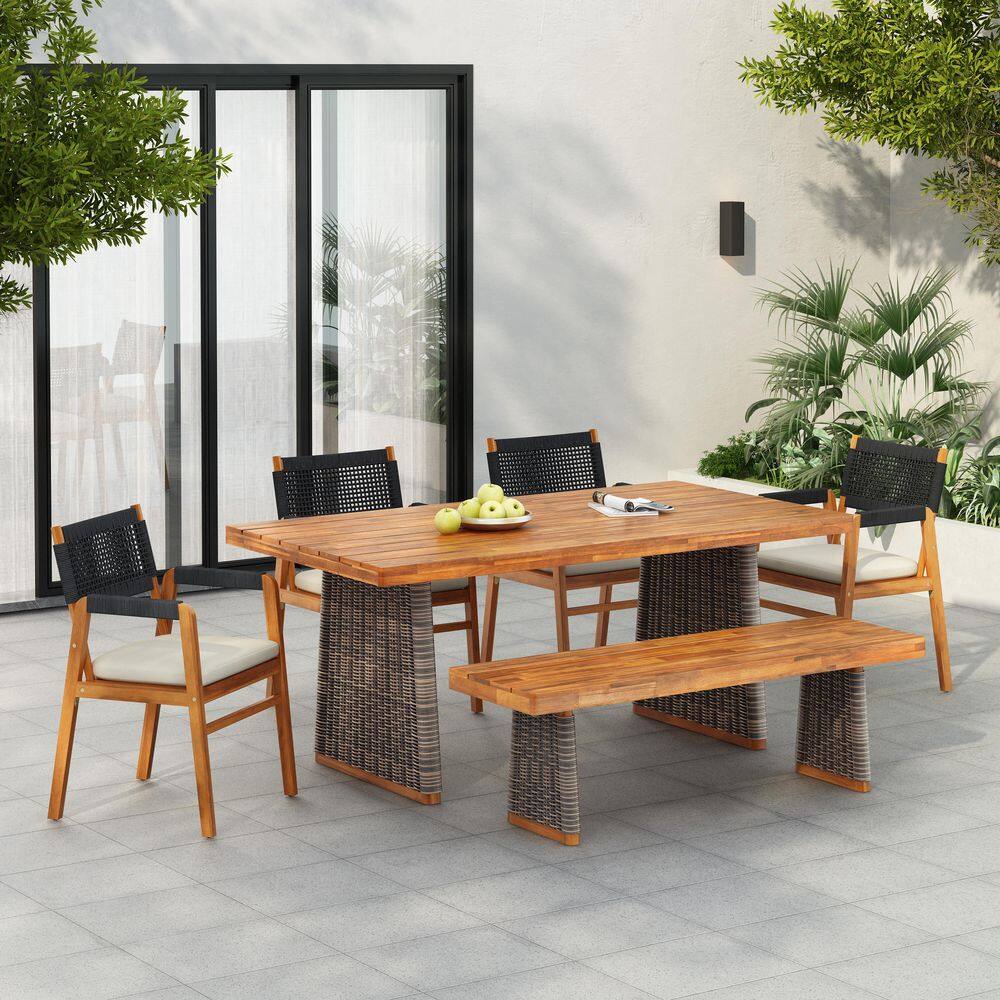 Solari Bohemia Teak Finish 6-Piece Wood, Rope and Wicker Woven Outdoor Dining Set with Beige Cushion, Bench, Black+Grey price history on PriceWatchPro