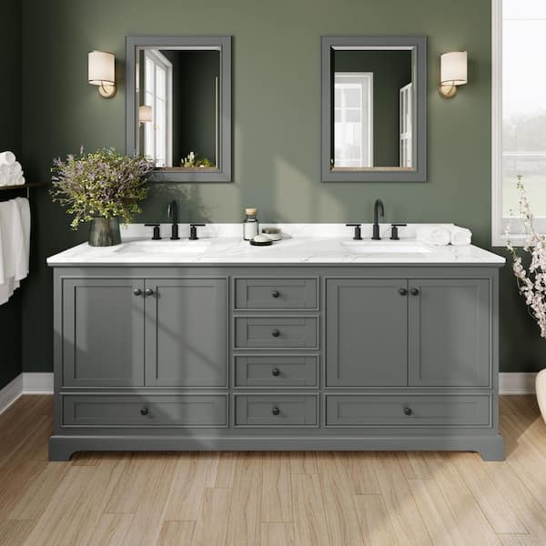 Wyndham Collection Deborah 80 in. W x 22 in. D x 35 in. H Double Bath Vanity in Dark Gray with Giotto Quartz Top and 70 in. Mirror