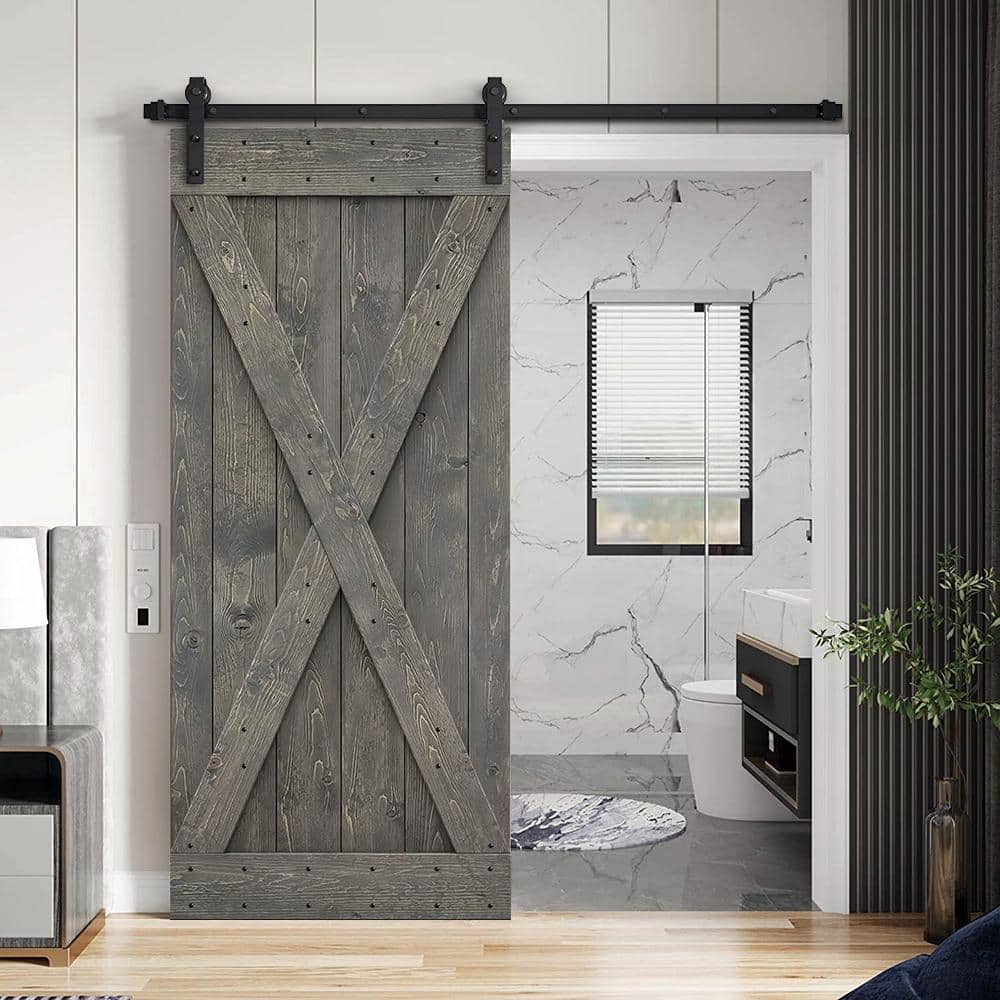 Weather Gray Knotty Pine Wood Sliding Barn Door with Hardware Kit