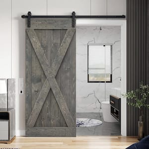 X Series 36 in. x 84 in. Weather Gray Stained DIY Solid Knotty Pine Wood Interior Sliding Barn Door with Hardware Kit