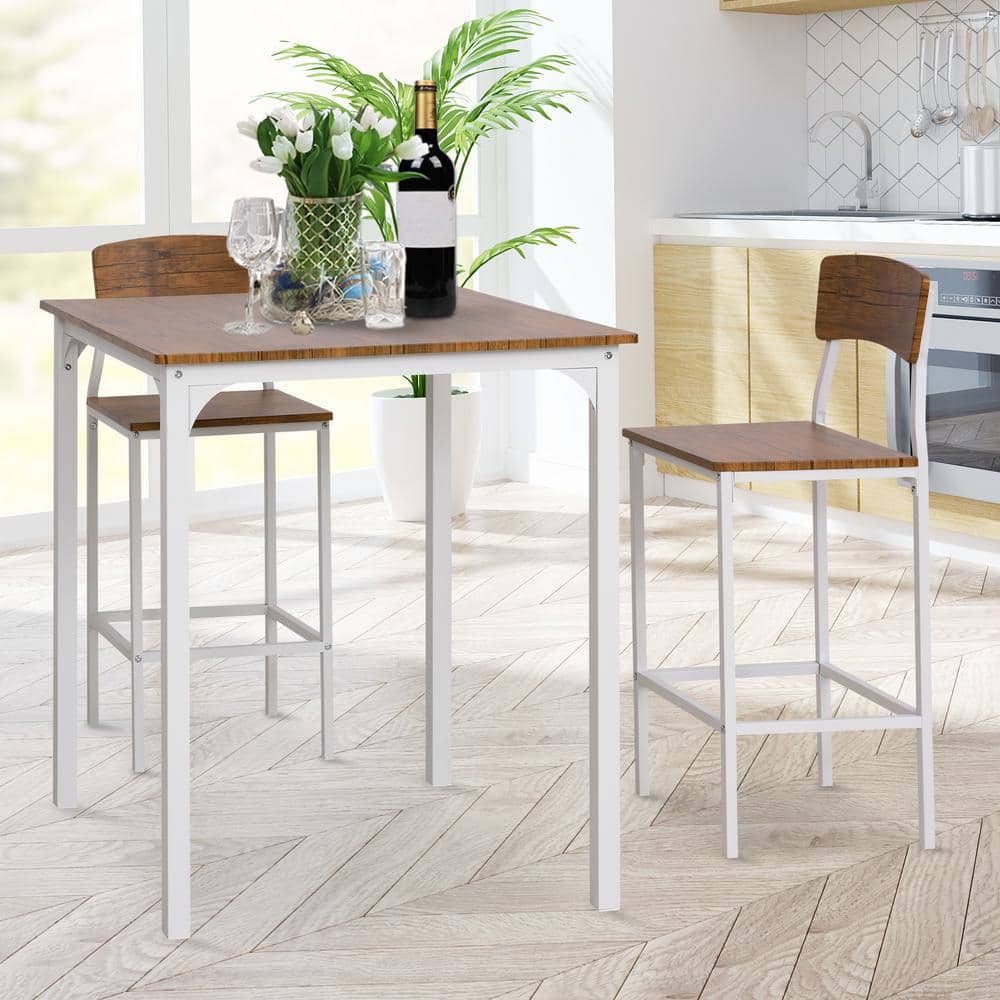 Rustic White and Medium Wood 3-Piece Bar Table Set with Steel Legs