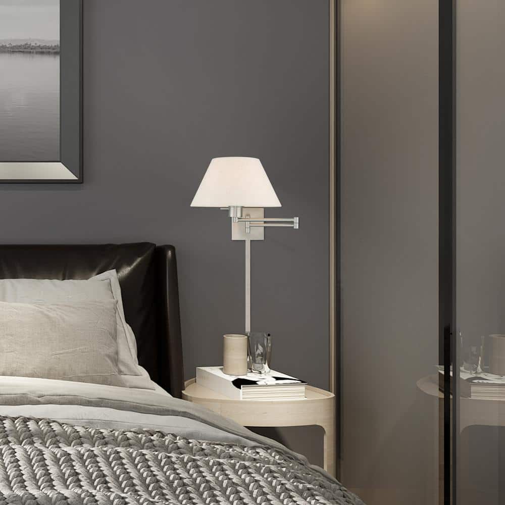 Brushed Nickel Swing Arm Wall Light with Oatmeal Fabric Shade