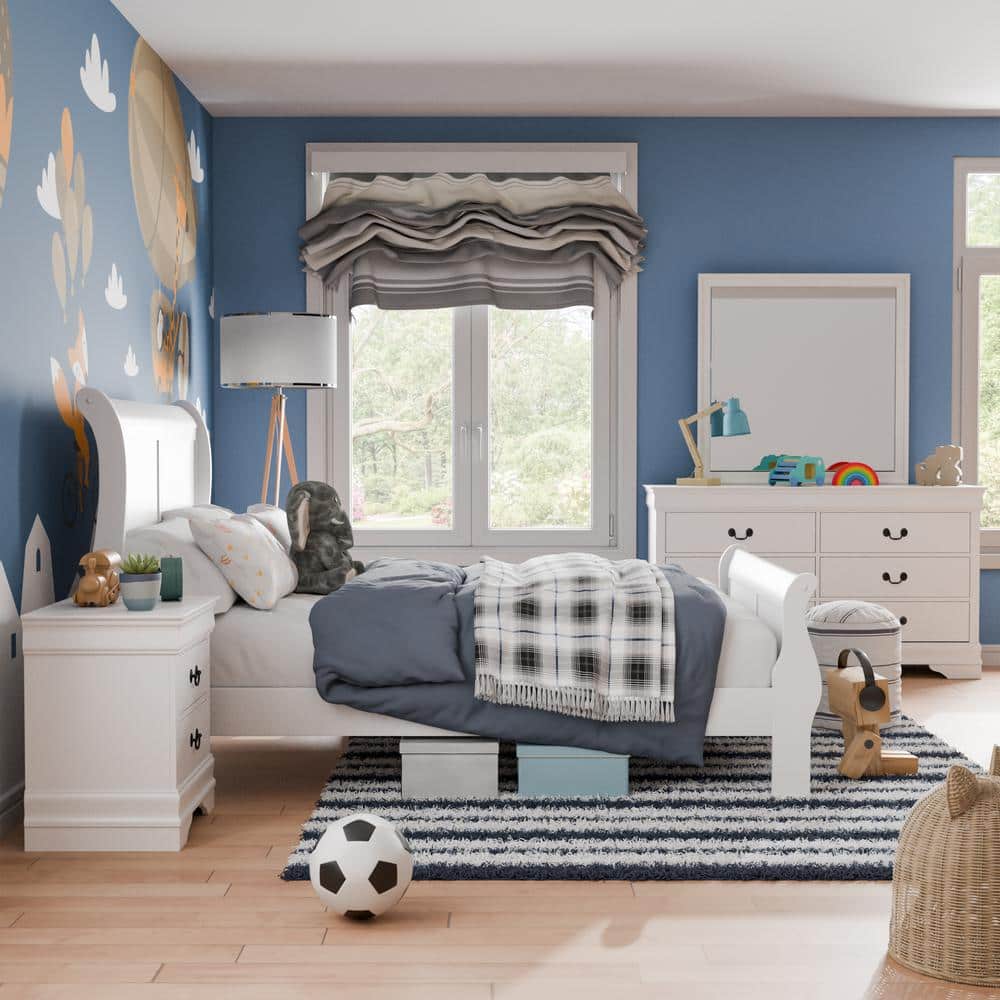 White Traditional Wood Sleigh Full Bed Frame with Headboard and Footboard
