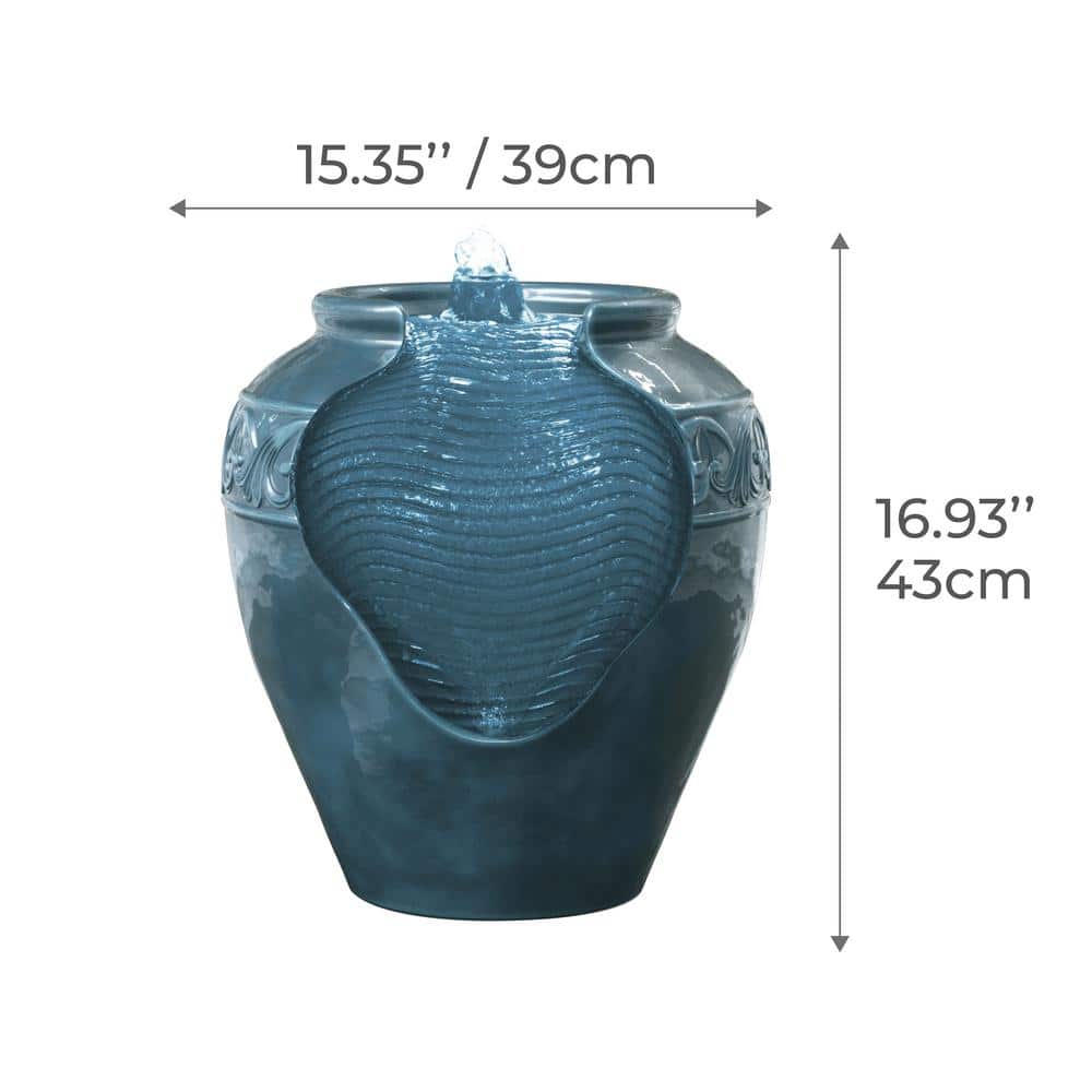 Teal Glazed Polyresin Pot Water Fountain with LED Light