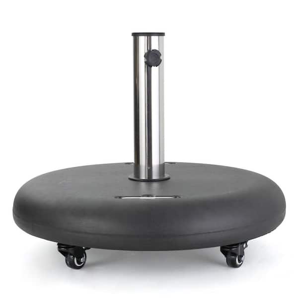 82 lb. Round Concrete Wheelie Patio Umbrella Base with Stainless Steel Holder in Black