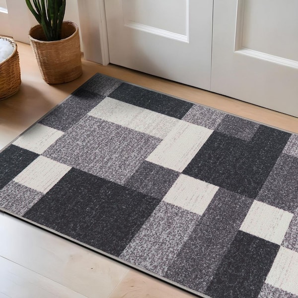 Geometric Boxes Design Non-Slip (Non-Skid) Gray 2 ft. 7 in. x 4 ft. Indoor Area Rug