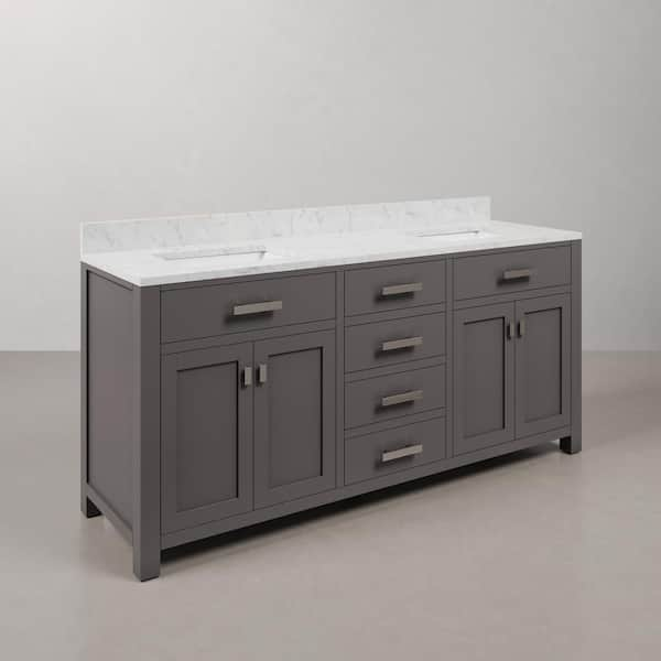 Madison 72 in. W x 21.5 in. D x 34 in. H Double Sink Bath Vanity in Cashmere Grey with Carrara White Marble Top