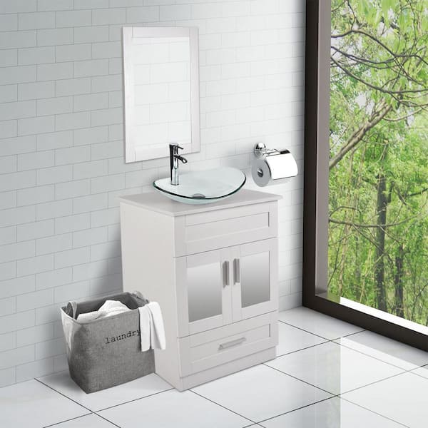 24 in. W x 19 in. D x 33 in. H Single Sink White Bath Vanity with Silver Solid Surface Top Sink and Mirror