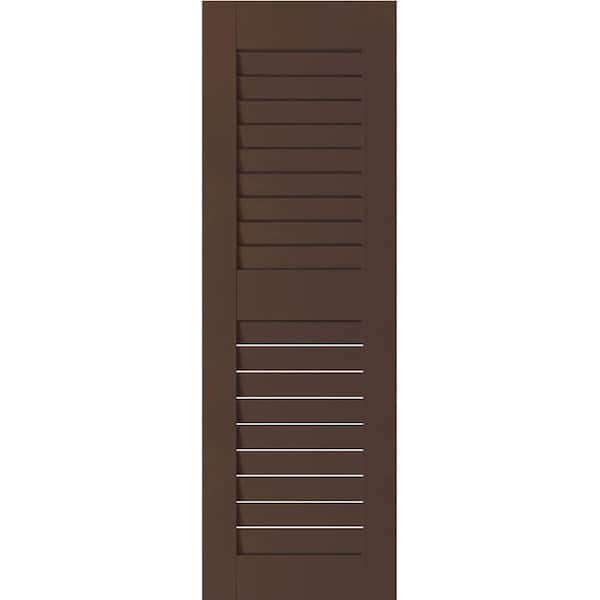 Ekena Millwork 12 in. x 26 in. Exterior Real Wood Pine Louvered Shutters Pair Tudor Brown