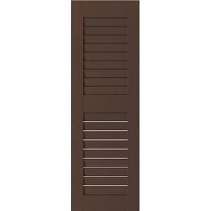 12 in. x 34 in. Exterior Real Wood Sapele Mahogany Louvered Shutters Pair Tudor Brown