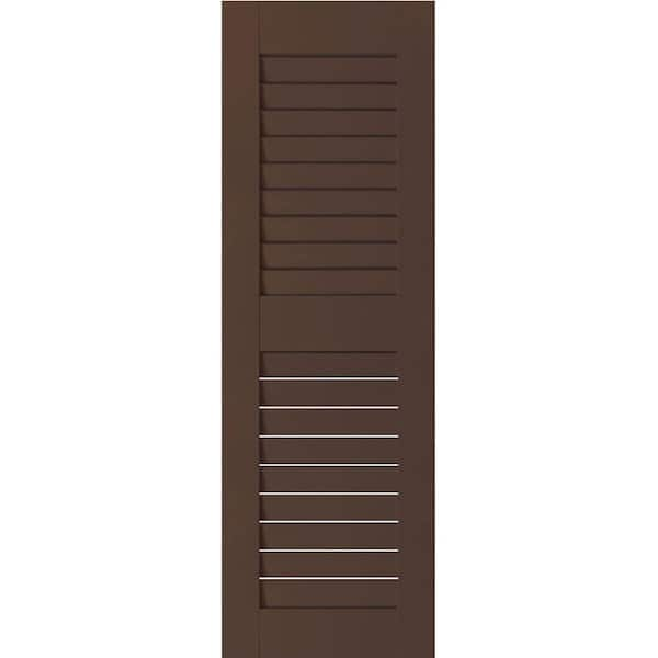 Ekena Millwork 12 in. x 58 in. Exterior Real Wood Pine Louvered Shutters Pair Tudor Brown