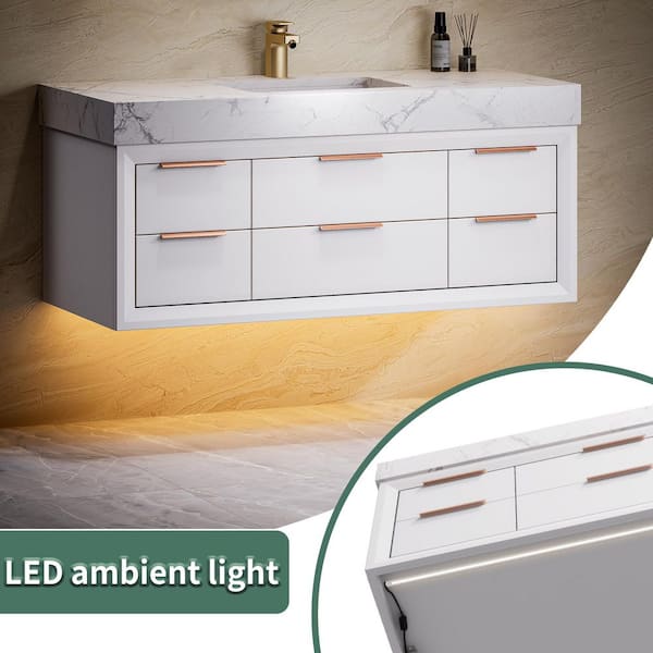 Solidoak 48 in. W x 20.9 in. D x 21.3 in. H Single Sink Bath Vanity in White with White Cultured Marble Top, night light