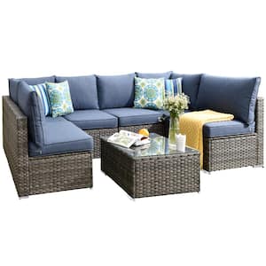 Messi Gray 7-Piece Wicker Outdoor Patio Conversation Sectional Sofa Set with Denim Blue Cushions