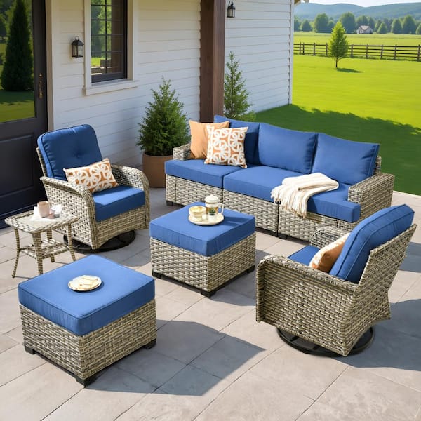XIZZI Scorpio 8-Piece Wicker Patio Conversation Seating Sofa Set with Navy Blue Cushions and Swivel Rocking Chairs