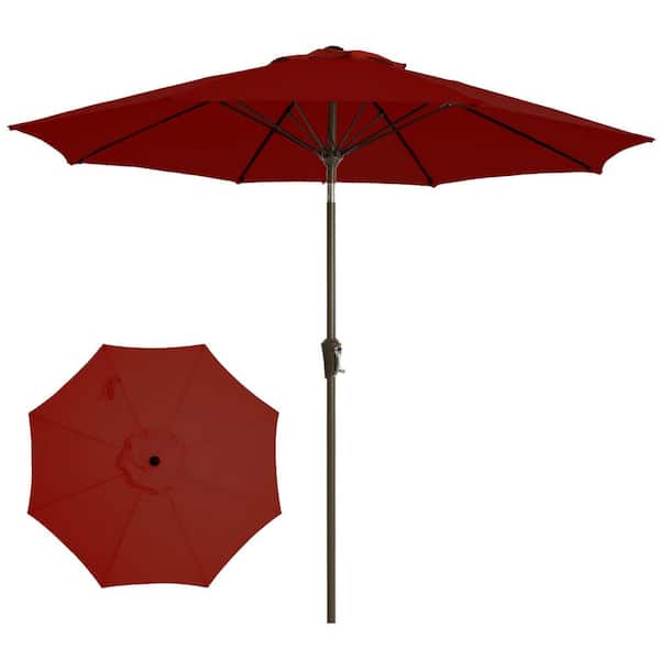 fiberglass patio umbrella red Frankford 864FMA 11' Monterey Crank Lift Auto Tilt Market U Willow Creek Designs Pacifica fabrics feel soft and full to the touch and colors pop under the sun because more light reflects off the surface of the material. 9.5 Feet Pulley Lift Round