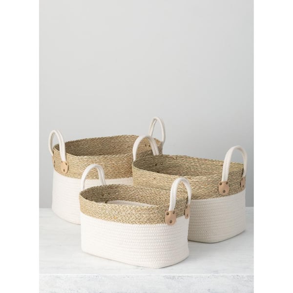 SULLIVANS 13 in., 12.5 in. and 10.5 in. White Woven Straw Baskets (Set of 3)