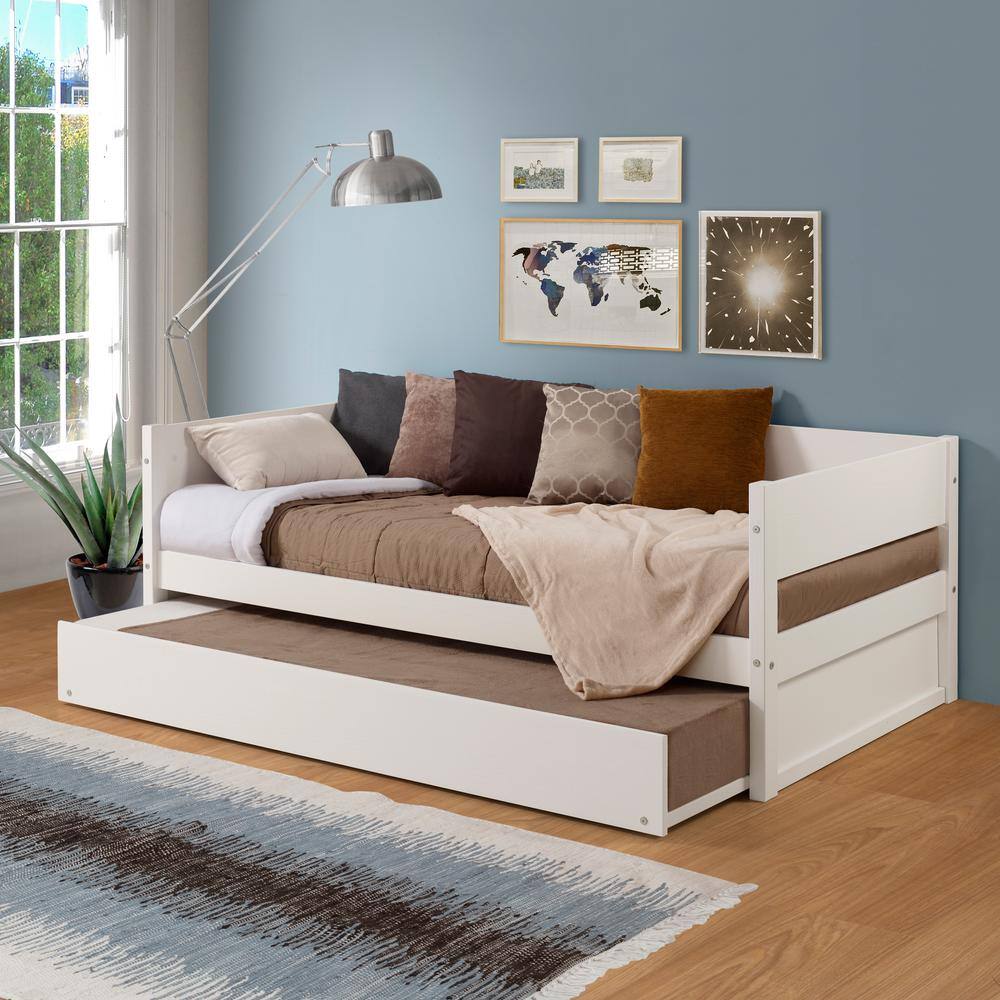 White Twin Solid Wood Daybed with Trundle and Slats