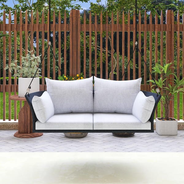 Boosicavelly 2-Person Outdoor Black Wicker Patio Swing with White Cushions and Pillow