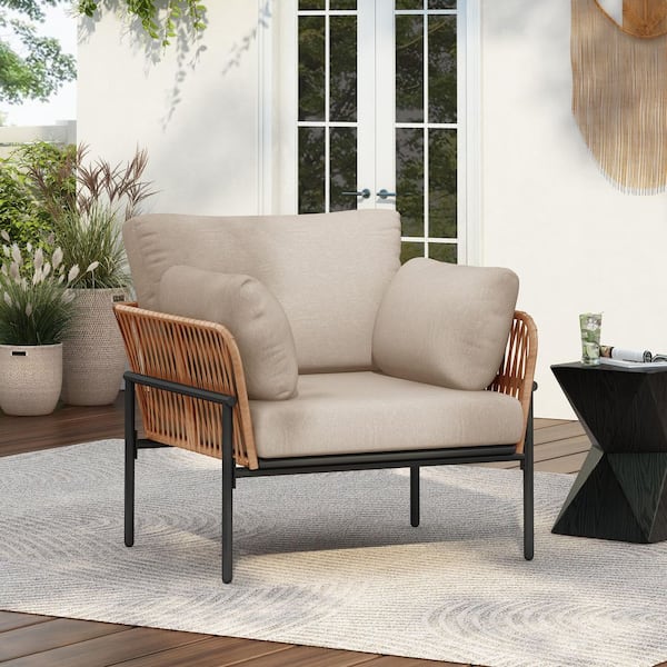 Unbranded 36 in. Metal Outdoor Lounge Chair with Rope Weave Design and Beige Cushions, Perfect for Indoor and Outdoor Relaxation