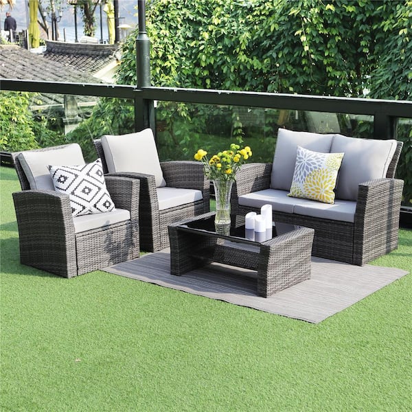 LIVINGCOZY LLC Classic 4-Piece Wicker Patio Conversation Set with Cushions Gray