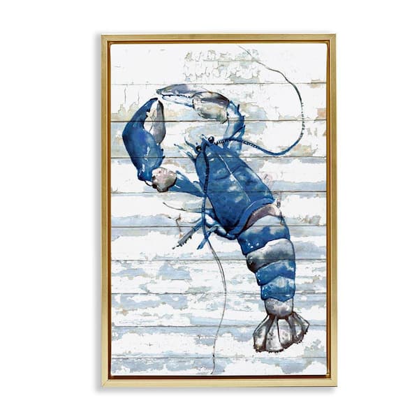 Stupell Industries Blue Lobster on Distressed by Jessie Perry Gold Floater Frame Animal Graphic Art Print 25 in. x 17 in.