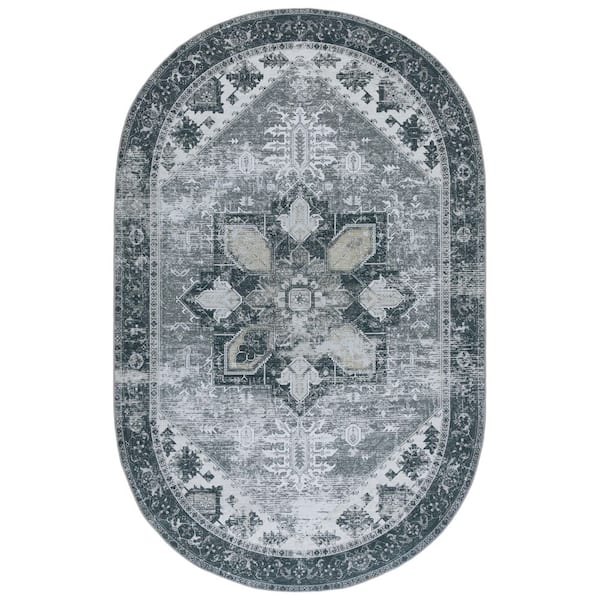 Tucson 6 ft. x 8 ft. Oval Dark Sage/Ivory Distressed Ornate Border Washable Area Rug