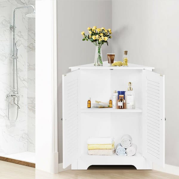 25 in. W x 17.5 in. D x 32 in. H Adjustable Bathroom Corner Storage Wall Cabinet with Shutter Doors in White